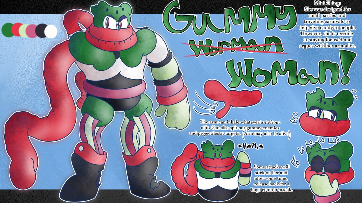 Better watch out as you may get stuck in an endless battle if you come across THIS robot master!! As with her potentially living long arm and gummy attacks and body, who knows what may happen! 

Robot Master Design: Gummy Woman
Pen Name: VictoryFood
#MegaManDO #DesignARobotMaster