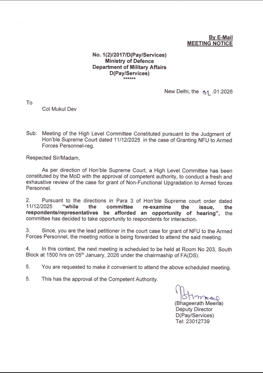 Warrior_Mukul's tweet photo. Grant of NFU to the Armed Forces: A Notice for the Meeting of the Committee and invitation for attending the same has been received 👇. https://t.co/s4CFzcICwK