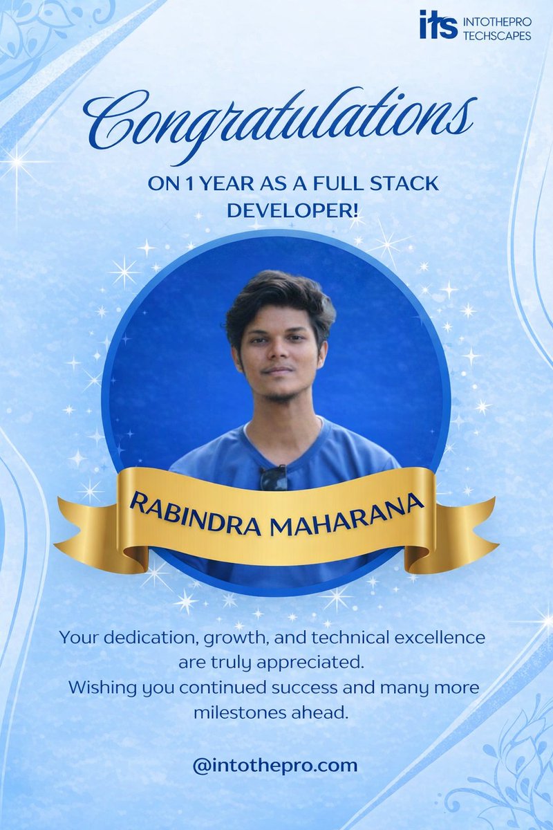 intotheprotech's tweet photo. Congratulations Rabindra Maharana on completing 1 year as a Full Stack Developer!
Wishing you continued success and exciting challenges ahead 🚀
#FullStackDeveloper #WorkAnniversary #DeveloperLife
#TechJourney #CareerMilestone #SoftwareDeveloper
#TechSuccess #GrowthMindset https://t.co/lYIeSlV0W4