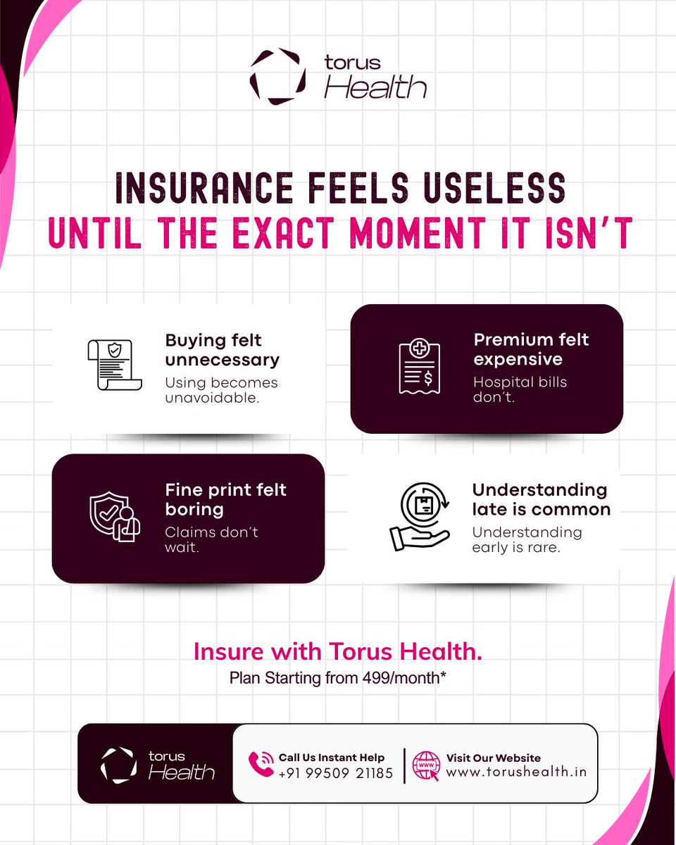 HealthTorus's tweet image. Insurance feels unnecessary
until the bill makes the decision for you.
Preparation is boring.
Regret is expensive.

Choose early. Choose smart.
Choose Torus Health.

📞 +91 99509 21185

#InsuranceTruth #HealthCover #FinancialWisdom #BePrepared #IndiaInsurance