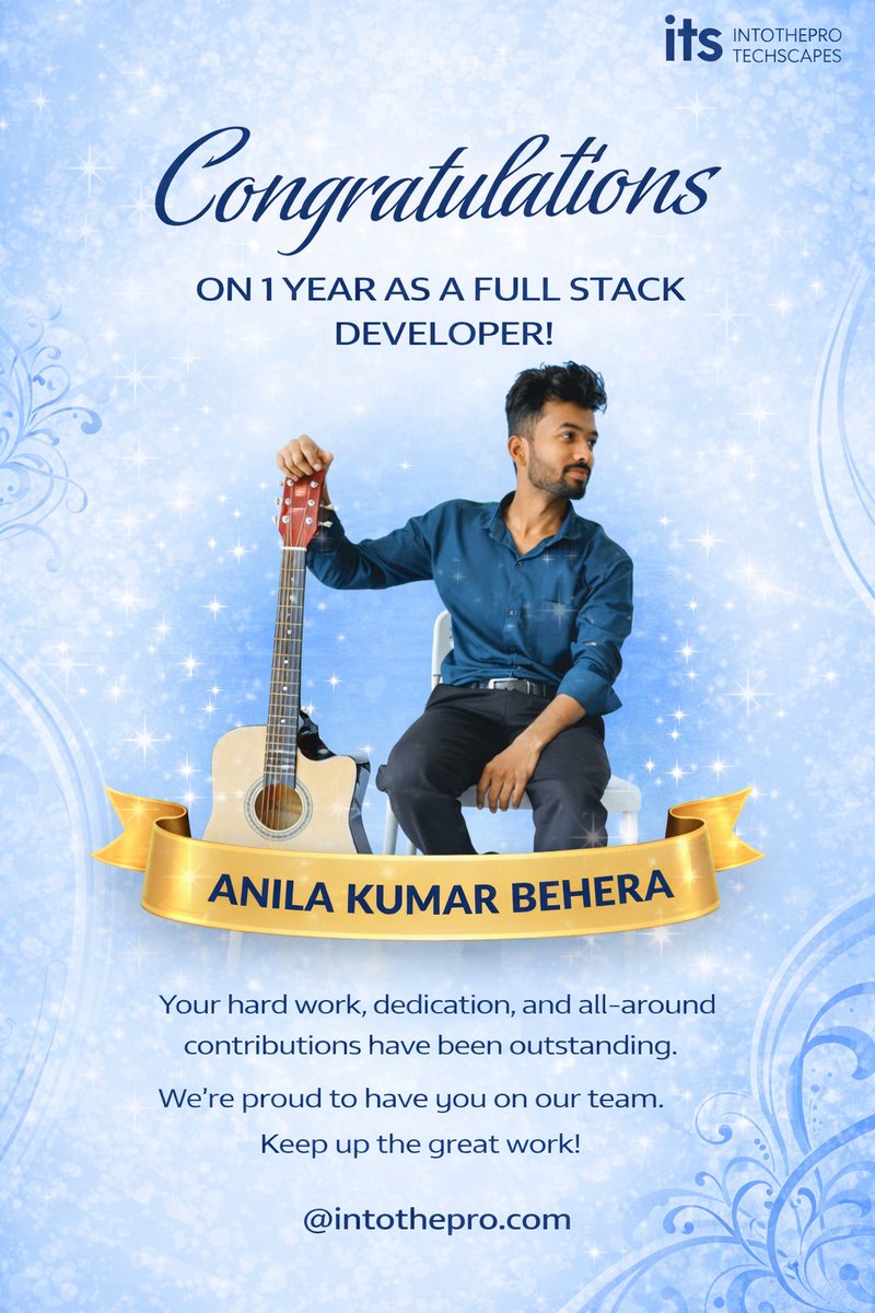intotheprotech's tweet photo. 🎉 Congratulations to Anila Kumar Behera on completing 1 year as a Full Stack Developer!
Your dedication, growth, and contributions make us proud—here’s to many more milestones ahead 🚀
#FullStackDeveloper #WorkAnniversary #TechCareer #TeamSuccess #IntoThePro #ITSFamily https://t.co/xkzO6FjR2X