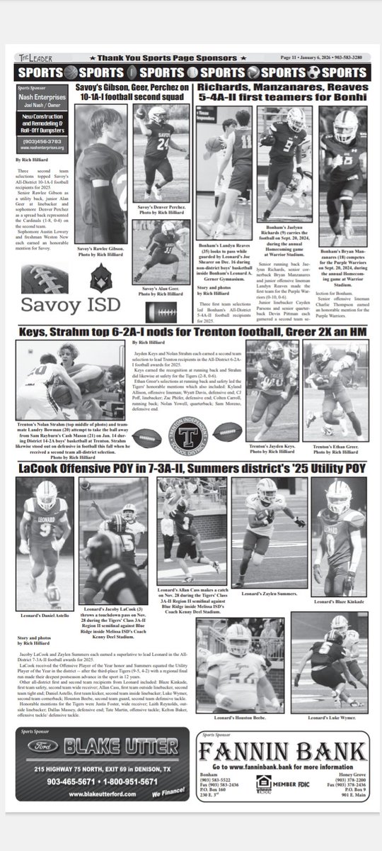 SportsStringer's tweet image. 1/6 Fannin County Leader sports:
@dctf @TheOldCoach @Txprepsfootball @Texas1AFan @GMsportsmedia1 @rrvsports @trentonisdtx @Supt_Strickland @LeonardISDath @CoachJDozier @jerlacook @LacookJacoby 
@AthleticsBonham 
#txhsfb #txhsfootball @Texas_HS_Sports