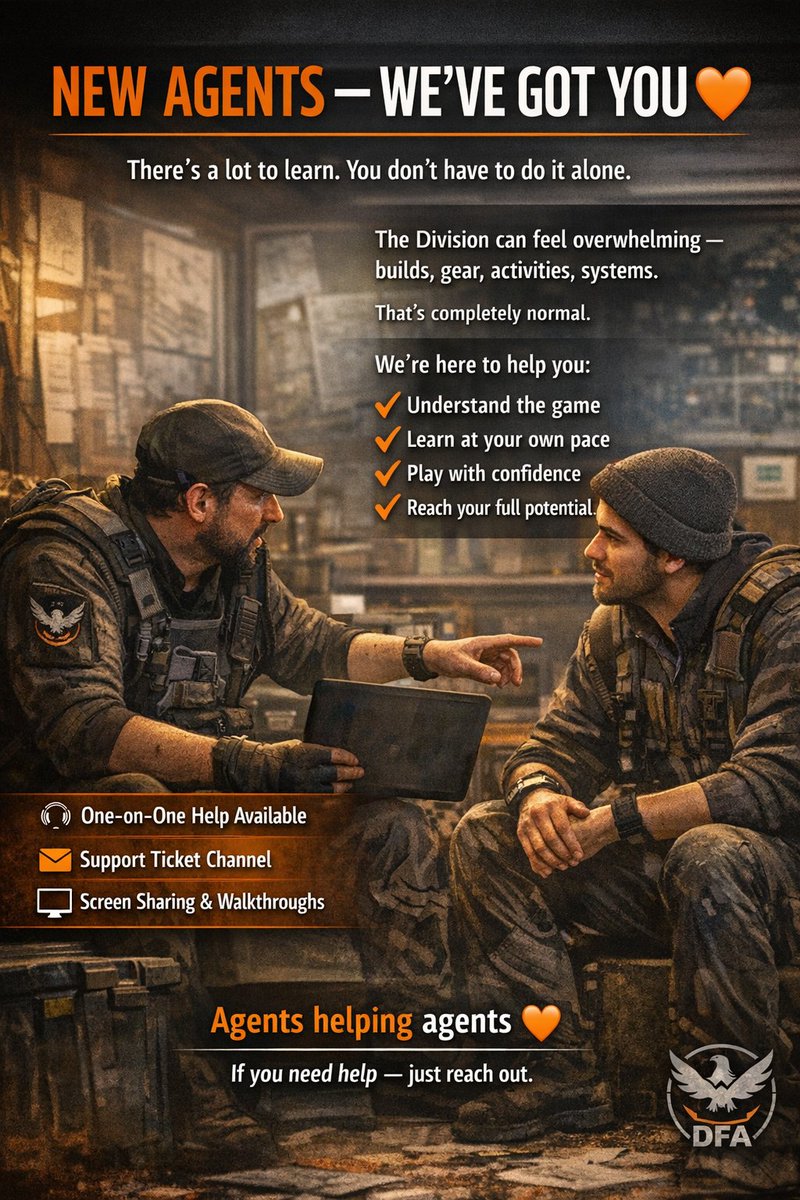 New agent or feeling overwhelmed?
You’re not alone 
DFA offers one-on-one help, screen sharing, support tickets so you can learn at your own pace and play with confidence.

Need any help, reach out on our server
discord.gg/psMntQXMtA

#thedivision2