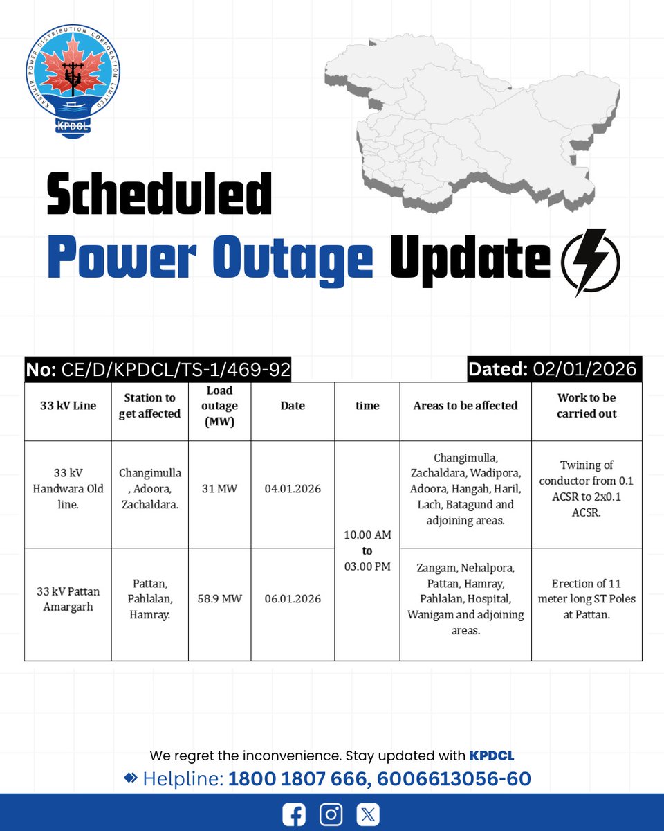 kpdcloffice's tweet photo. Scheduled Power Shutdown Update of 33 KV Line.

Stay prepared!

We regret the inconvenience caused.

#KPDCL #SHUTDOWN

@CM_JnK @OfficeOfLGJandK @diprjk @nasirsogami @DivComKash @GreaterKashmir @RisingKashmir https://t.co/Pn9Z8VLz9D