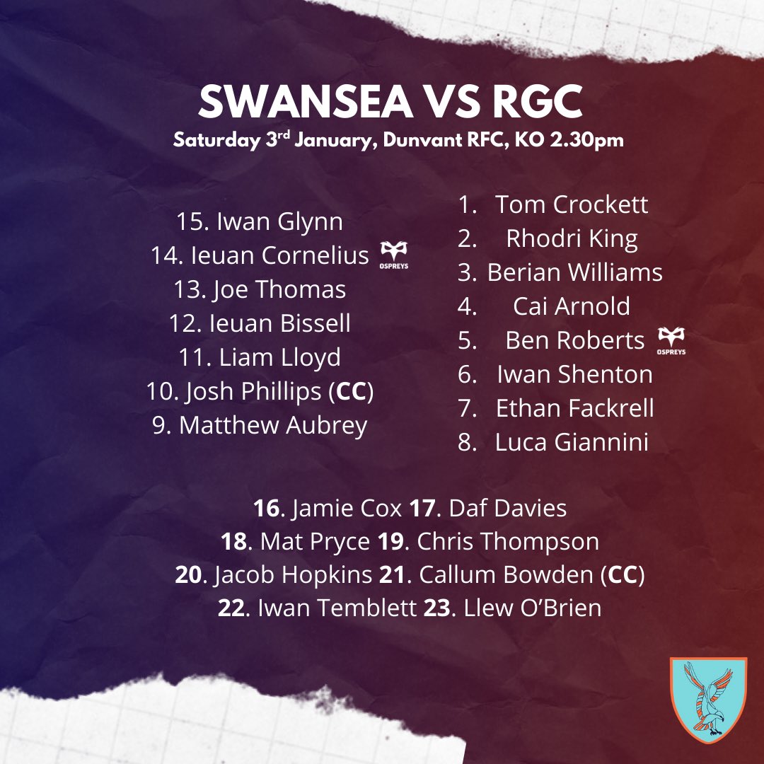 TEAM NEWS | Back in business and ready for ‘26 ⚡️

Your team to face @rygbi_rgc has arrived!

📍- Dunvant RFC
⏰- KO 2.30pm
🎟️- ethicalticketing.org/swansea-rfc/ev…