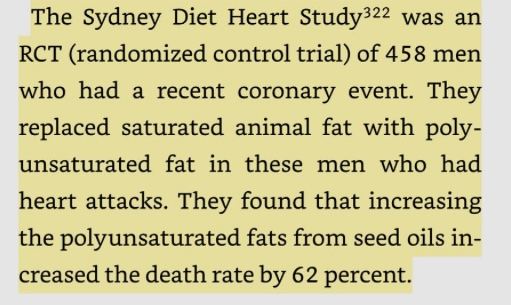 Never letting X forget the Sydney Diet Heart study.

The original study was published in 1973 and concluded that replacing saturated fat with seed oils did indeed lower cholesterol in people who had a recent coronary event... but it led to a shorter lifespan!

Critics said it was