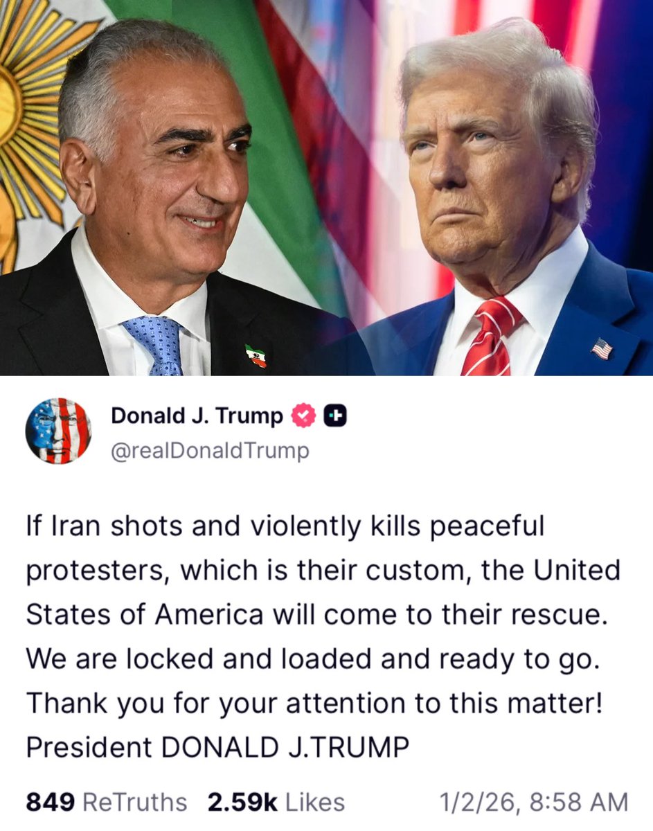 “President <a href="/realDonaldTrump/">Donald J. Trump</a> , thank you for your support of the Iranian people’s protests.
If you want the Abraham Accords’ peace in the Middle East, support the Iranian people’s only alternative: Crown Prince <a href="/PahlaviReza/">Reza Pahlavi</a> .
Many thanks on behalf of Iran’s long-suffering people .
