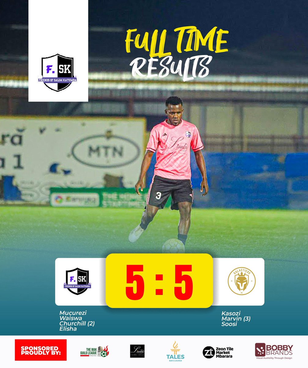 🤯 10 GOALS! What a thriller! 

FT: Friends of Salim Katumba 5 - 5 Galacticos FC An absolute goal fest.

Marvin bagged a hat-trick for the Galacticos while Churchill hit a brace for F.SK. 

Points shared in an unforgettable match! 🤝