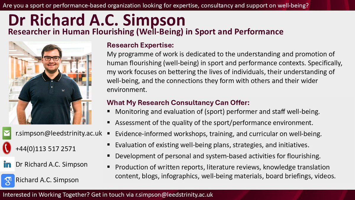RichSimpson_95's tweet photo. Are you (or anyone you know) looking for research expertise that is cutting-edge, evidence-informed, and clearly beneficial for well-being within your organization?📈

Let's have a conversation!📧

#wellbeing #research #psychology #flourishing #sportpsychology #happiness https://t.co/YECVViv9NR