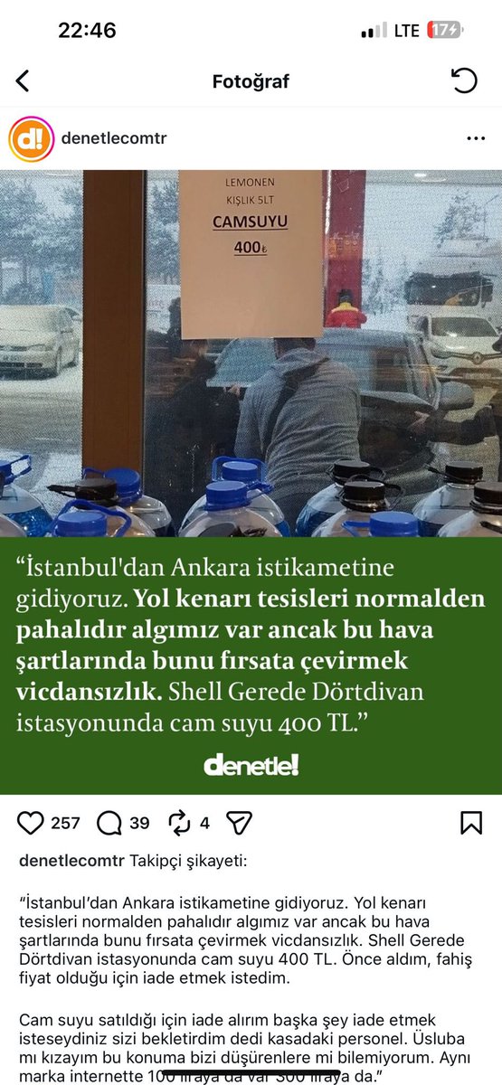 Devlet çalışıyor…
Otoyolda 400 liraya cam suyu satan işletmeyi dün gece buradan duyurmuştuk…

Ticaret Bakanlığı gereğini yapmış👇

BOLU TİCARET İL MÜDÜRLÜĞÜ 

Konu : Otoyol Tesisi Denetimi (Shell istasyonu-Dörtdivan)

İstanbul-Ankara Anadolu Otoyolu Dörtdivan Mevkisinde