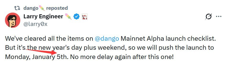 daniel_clark6's tweet photo. Dango Update:

Dango Mainnet on January 5th and no more delays https://t.co/OAoSCzjwF6