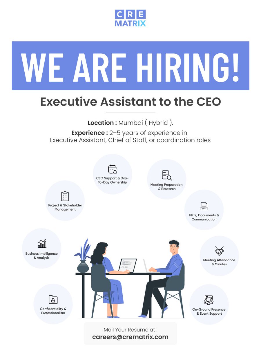 CreMatrix's tweet photo. If you think like a COO but want to learn directly from a CEO—read this.
We’re hiring an Executive Assistant to the CEO at CRE Matrix.
📍 Mumbai (Hybrid)
📩 Apply / Refer: careers@crematrix.com
#CREMatrix #Hiring #COOMindset #ExecutiveAssistant #RealEstateAnalytics https://t.co/3PWgEjKCjl