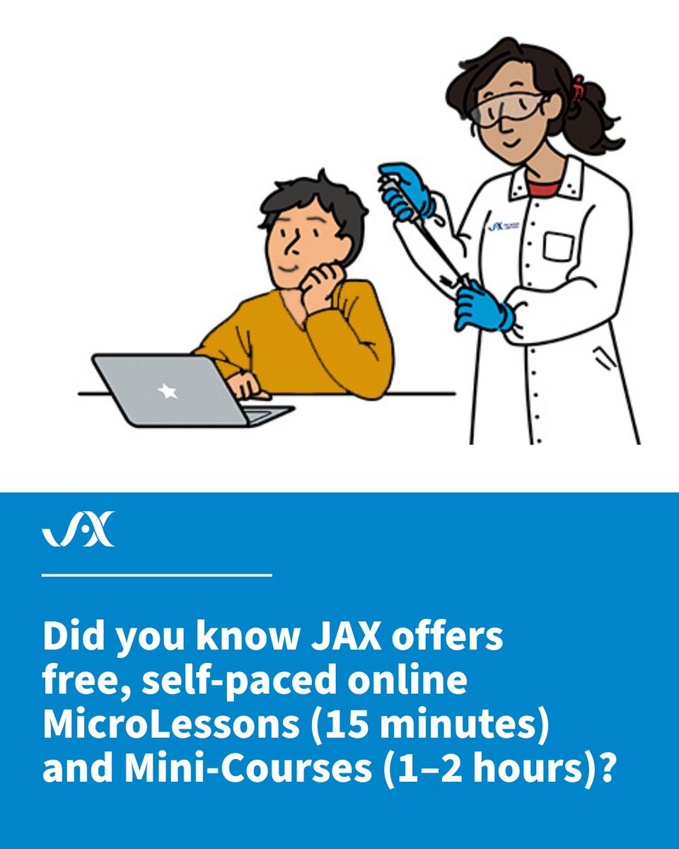 jacksonlab's tweet image. ✨ Did you know JAX offers free, self‑paced online MicroLessons (15 minutes) and Mini‑Courses (1–2 hours)?

👉 MicroLessons: education.learning.jax.org/page/online-mi…
👉 Mini‑Courses: education.learning.jax.org/page/online-mi…