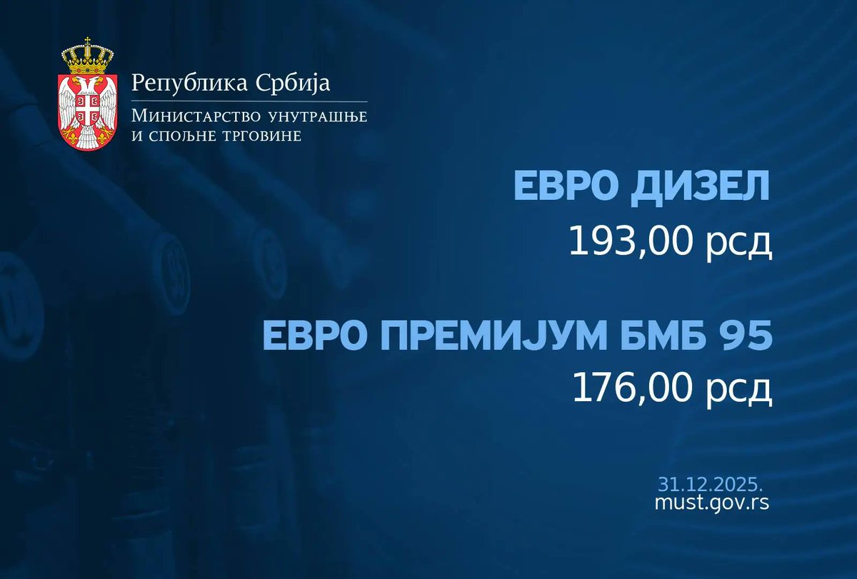 Нове ниже цене горива за период од 15 часова 31. децембра 2025. године до 09. јануара 2026. године

ЕВРО ДИЗЕЛ: 193,00 (било 194,00)
ЕВРО ПРЕМИЈУМ БМБ 95: 176,00 (било 177,00)

Извор: must.gov.rs/vest/17563
