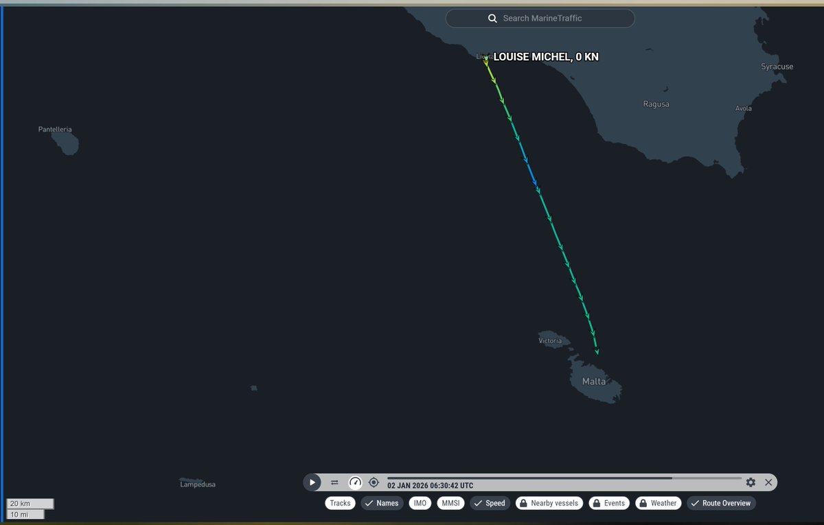 02.01.2026 ore 06.30 UTC #LouiseMichel lascia il porto di Licata per recarsi probabilmente per lavori a Malta.
"Pecunia non olet" dicevano i romani i maltesi tanto rigidi sui migranti ( e fanno bene), ma riparano le navi  ONC che operano dall'italia