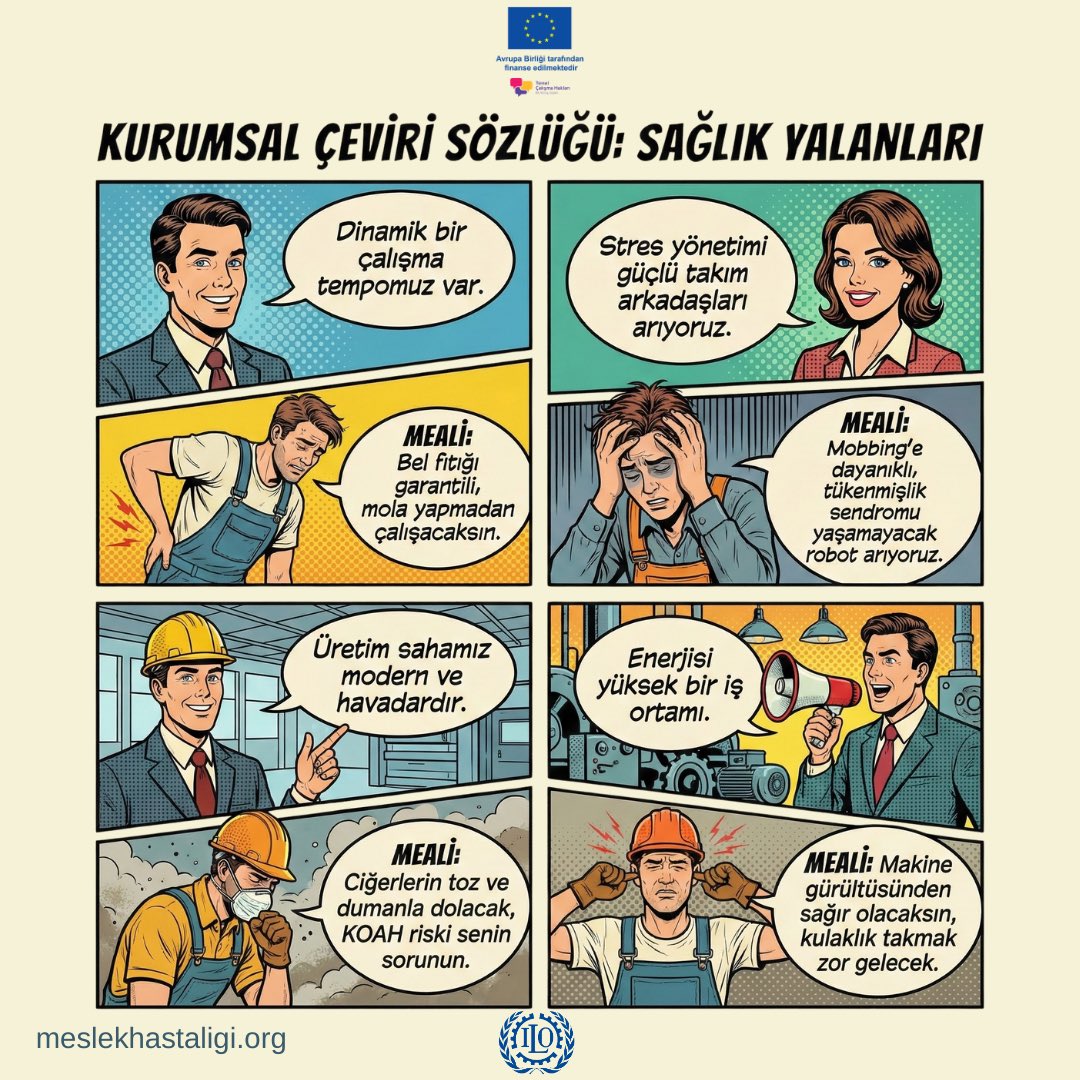 İş ilanlarında “kariyer fırsatı” diye pazarlanan maddelerin aslında vücudunuzda neye denk geldiğini biliyor musunuz? Kurumsal dilin süslü maskesini indirdik, altından çıkan “Meslek Hastalıkları”nı yazdık.

#TemelÇalışmaHakları #BilKonuşGüçlen <a href="/iloankara/">ILO Türkiye</a> <a href="/EUDelegationTur/">AB Türkiye Delegasyonu🇪🇺EU Delegation to Türkiye</a>