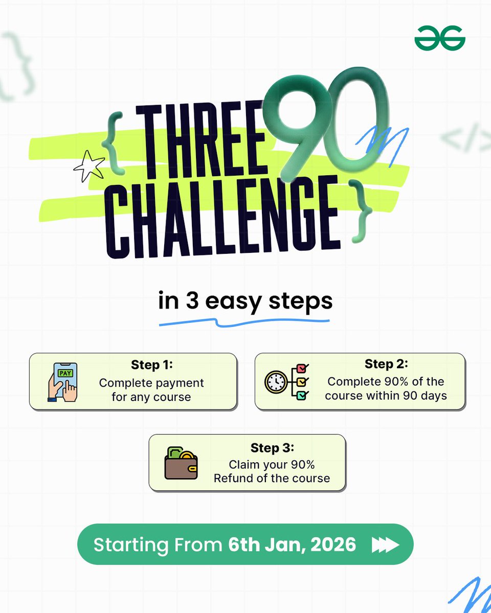 geeksforgeeks's tweet photo. Over 10 lakh learners registered on Nation SkillUp in 2025.
If we had charged just ₹1,000 per learner, we could have generated a potential ₹100 crore in revenue.
 
But we didn’t do that.
 
We chose to remove the entry barrier and offer these courses completely free, because we believe that access to quality learning should never be the reason someone doesn’t start. And start they did—lakhs of learners took the first step towards upskilling.
 
However, this journey taught us an important lesson. While registrations were high, completion rates told a different story. Many learners enrolled with intent, but consistency, discipline, and follow-through became the real challenge.
 
That’s why, in 2026, we’re taking learning motivation to the next level by Introducing The Three 90 Challenge!
 
Three 90 is designed to solve the biggest problem in online learning today: people start, but don’t finish. Not because they lack ability, but because there’s no structure, no urgency, and no real accountability. Courses get bookmarked. Motivation fades. Goals get postponed.
 
When your learning has a timeline, a clear target, and real stakes, commitment follows. Complete 90% of your chosen course in 90 days, and we refund 90% of your course fee. The reward isn’t just the refund—it’s the habit you build, the skill you actually master, and the confidence that comes from finishing what you start.
 
Explore and pre-register for your favorite tech course, and we'll begin on 6th Jan: https://t.co/R449apcOE6
 
Ps: Watch the previous video on our feed to see how hard we had to fight to bring this back for you! 😉💪🏻
.
.
.
#three90challenge #three90 #gfg #geeksforgeeks