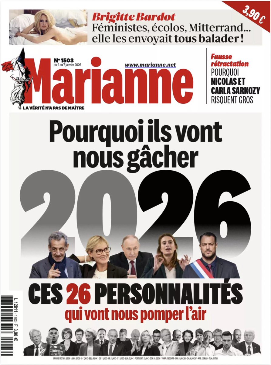 annetestuz's tweet photo. #revuepresse #hebdos
1/
@MarianneleMag
đšđ»đČ đœđżđŒđđŒđ°đźđđżđ¶đ°đČ : đźđČ Â« đđČÌđđČđ đ±đČ đ§đđżđ°đ » đ°đČđ»đđČÌđČđ « đ»đŒđđ đŽđźÌđ°đ”đČđż đčâđźđ»đ»đČÌđČ Â».
Une couv sur le vide, plus que sur les « monstres ». Et câest peut-ĂȘtre la charge la plus sĂ©vĂšre. Entre satire politique et inventaire Ă la PrĂ©vert, plus rĂ©vĂ©latrice de lâair du temps que prĂ©dictive : lassitude dĂ©mocratique, personnalisation extrĂȘme, et soupçon gĂ©nĂ©ralisĂ© envers les Ă©lites, françaises comme europĂ©ennes.
Rien (ou presque) sur Trump ni sur Macron, et ce nâest pas un oubli, mais un signal :
#Trump : absent, alors mĂȘme quâil structure lâagenda international. Pour le mag , Trump nâest plus une « tĂȘte Ă abattre » nouvelle : il est dĂ©jĂ intĂ©grĂ© au dĂ©cor, presque banal dans le chaos mondial.
#Macron Ă©tonnamment marginal. Comme sâil nâĂ©tait dĂ©jĂ plus le problĂšme central, ni mĂȘme la solution. Marianne suggĂšre quâon est entrĂ© dans lâaprĂšs-Macron mental, avant mĂȘme lâaprĂšs-Macron institutionnel.
đ Politique française :
- @J_Bardella dĂ©crit comme un possible « nouveau Macron version natio », incarnation dâune bardellamania qui pourrait lasser.
- @Villepin campé en « libéral paradoxal », défenseur autoproclamé des pauvres mais critiqué pour ses revenus et ses relations internationales.
- @sebastiendelogu sévÚrement épinglé : profil jugé incontrÎlable, malgré un socle électoral solide à Marseille.
- @marinetondelier moquée pour son combat pour une primaire de la gauche, perçue comme sa seule rampe de survie politique.
đđČđ đ°đźđ»đ±đ¶đ±đźđđ đœđźđđđČđ»đ, đčđČđ đłđ¶đŽđđżđČđ đ°đ”đźđ»đŽđČđ»đ, đčđČ đșđźđčđźđ¶đđČ đżđČđđđČ.
Ă lâInternational peu de surprises :
#Poutine reste lâennemi dĂ©signĂ©, #Netanyahou sâaccroche au pouvoir par la guerre.
La nouveauté vise Bruxelles : @vonderleyen érigée en adversaire pour sa relance du #Mercosur et son projet de « 28e régime » social européen, accusé de menacer le modÚle français.
En éco & médias
Surprise surprise pas de #Bolloré, mais @MPigasse présenté en « radical-chic » engagé contre le RN, @MELeclerc croqué en défenseur intéressé du « bien commun »
Et clin dâĆil final Ă @KMbappe qualifiĂ© de « Macron en short » đ