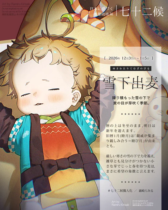 【#七十二候擬人化:雪下出麦】 12/31〜1/5は「ゆきわたりてむぎいずる」 暦の上は冬至のまま、新年を迎えました。旧暦1月(睦月)は「親戚が集まって睦み合う月」が由来とも言われています。厳しい寒さの中雪の下で力を蓄え、雑草とも見分けがつかない小さな芽でじっと春を待つ麦はまさに希望の象徴です