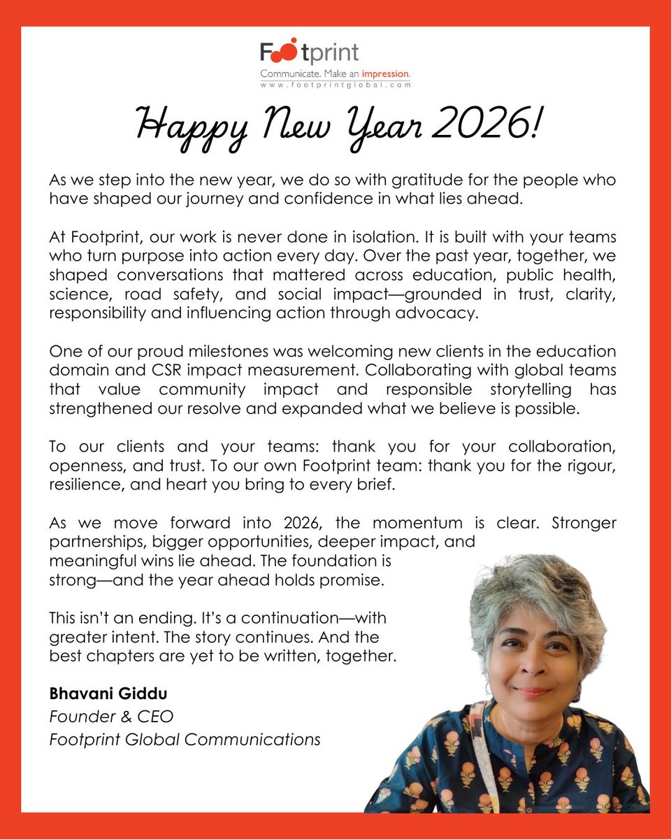 FGCTweets's tweet image. As we step into 2026, our Founder &amp;amp; CEO, Bhavani Giddu reflects on a year shaped by trust, collaboration, and purpose.

#FootprintGlobal #LeadershipMessage #NewYear2026 #PurposeDriven #StrongerTogether