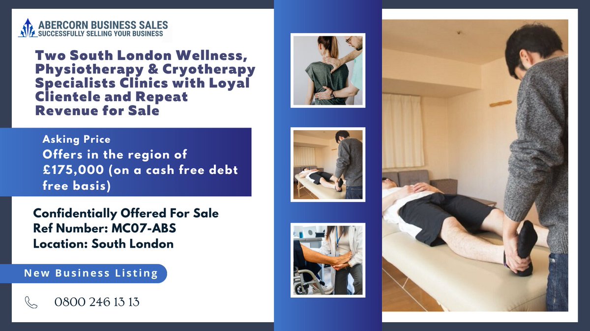 New Businesses for Sale (MC07-ABS) : Two South London Wellness, Physiotherapy &amp; Cryotherapy Specialists Clinics with Loyal Clientele and Repeat Revenue for Sale
Profitable with 5,000+ Clients and 500+ 5-Star Reviews and High Footfall Locations
Confidentially Offered for Sale