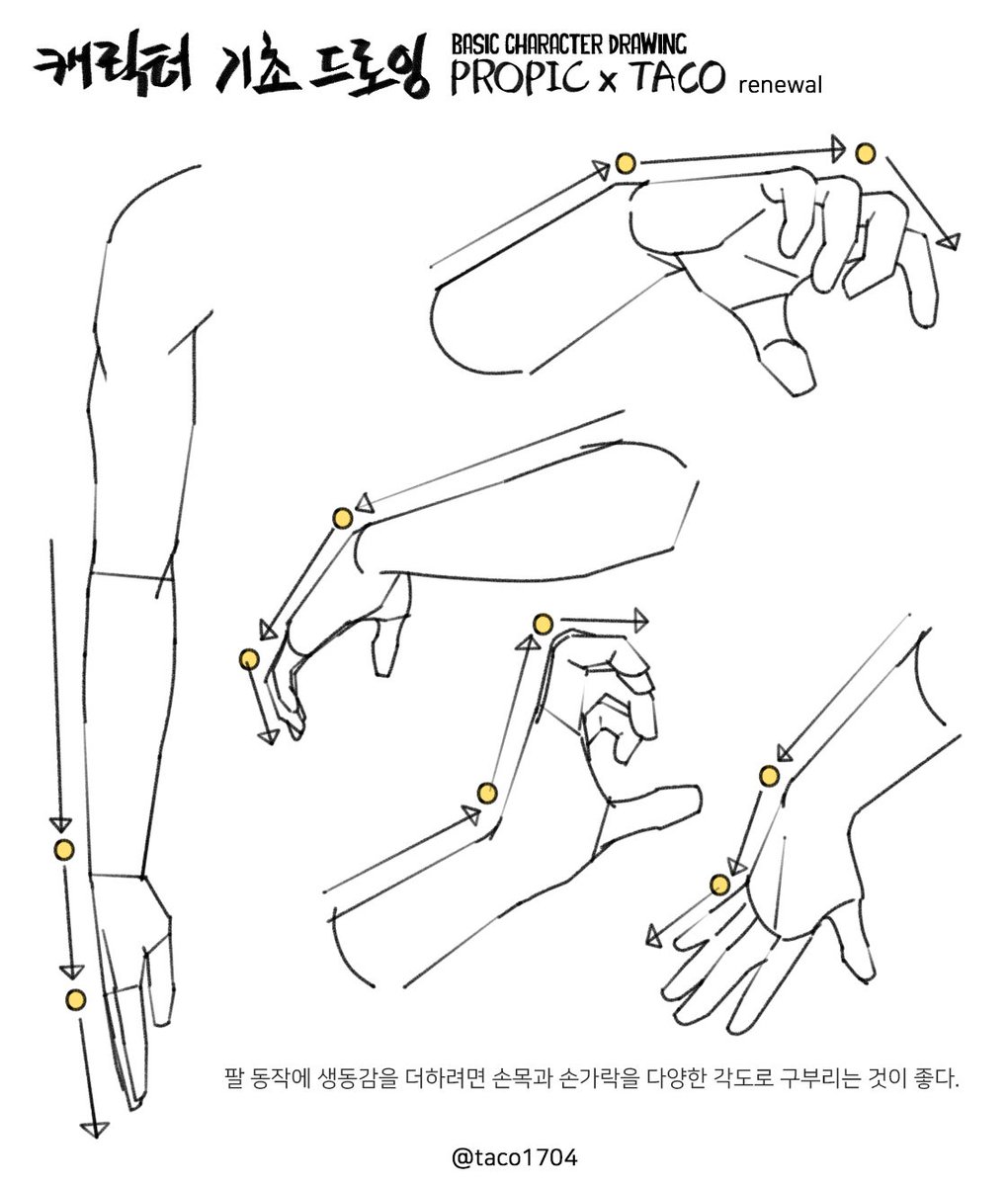 팔 동작에 생동감을 더하려면 손목과 손가락의 각도 차이를 만들어 구부린다.