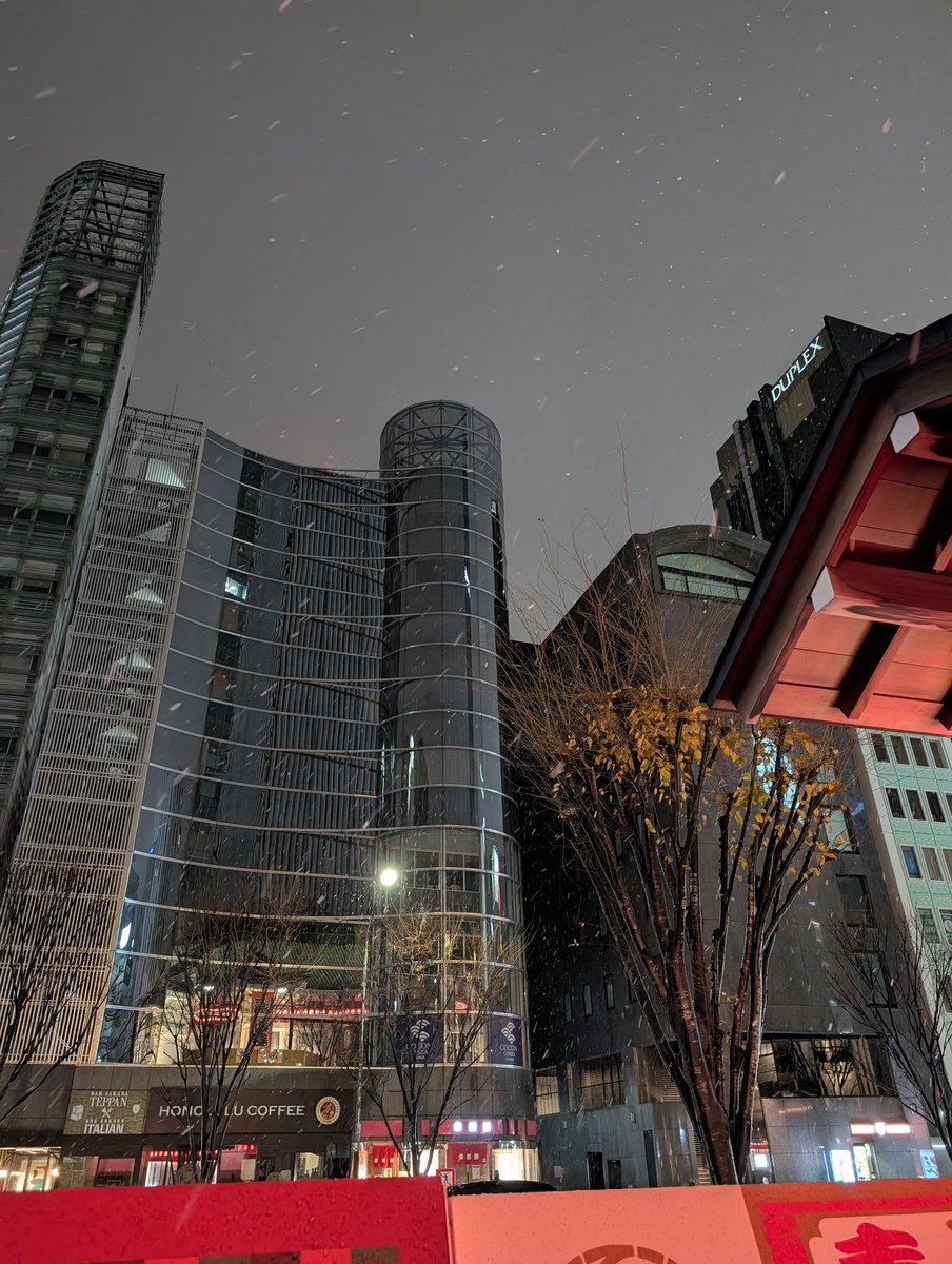 歌舞伎座の前、雪降ってる