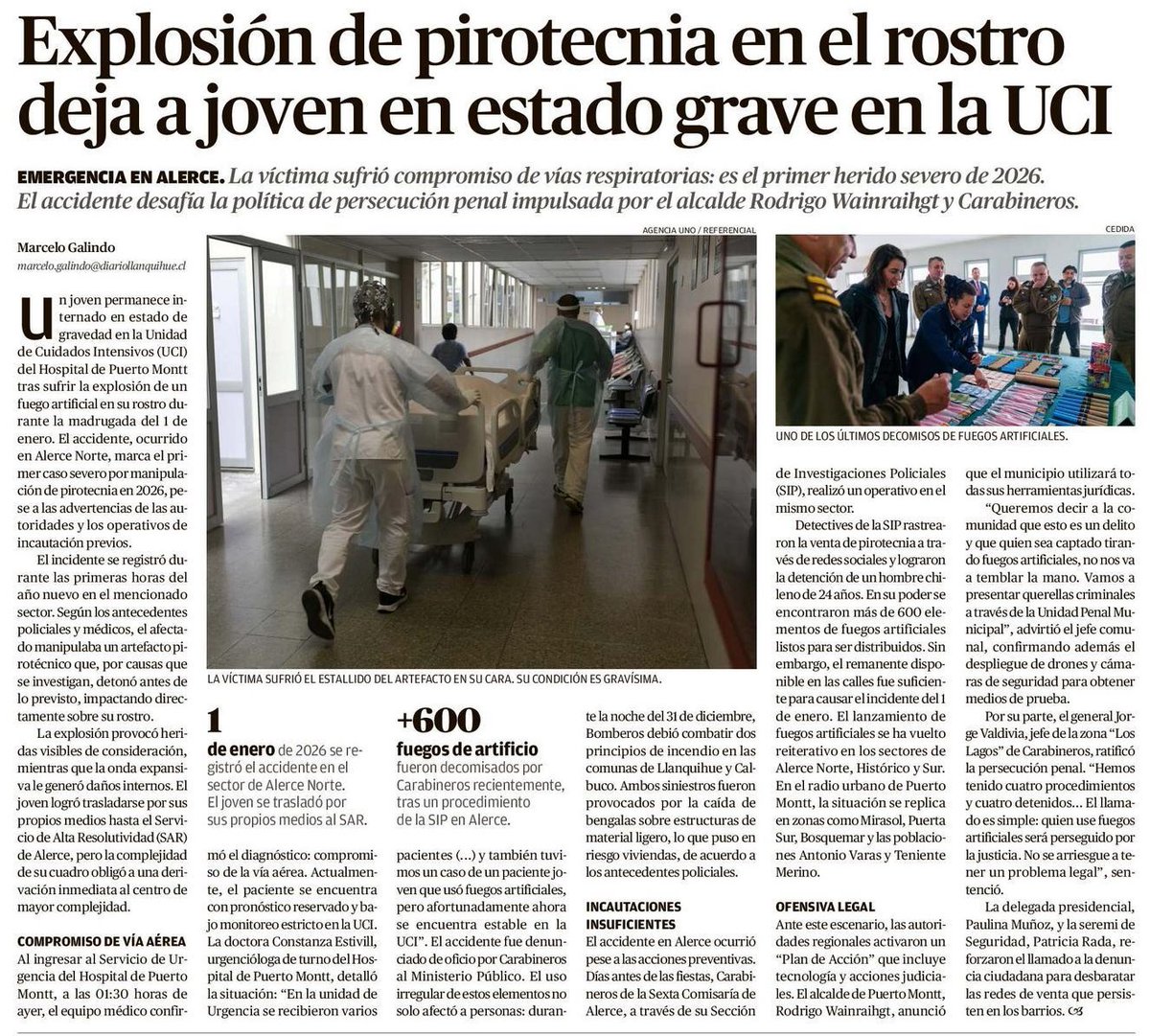 Lamentablemente estas son las consecuencias del uso de fuegos artificiales. Además del riesgo que genera para las personas, la pirotecnia en nuestro país es un delito. Seguiremos apoyando a las autoridades a cargo de la #seguridad para perseguir su uso. #PuertoMontt