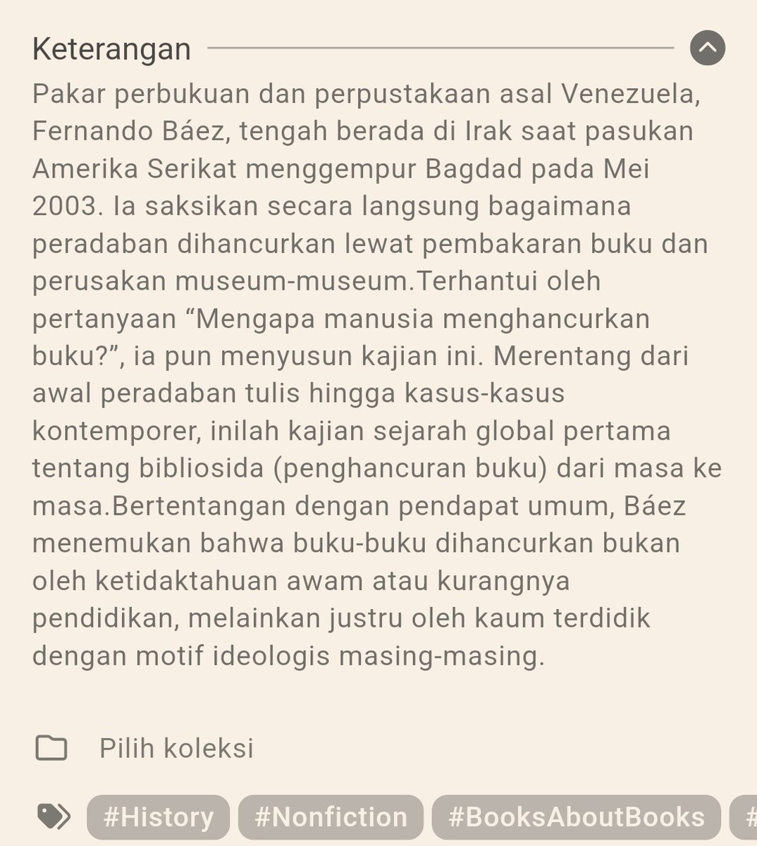 sereqty's tweet image. — Current read:
📖 Penghancuran Buku dari Masa ke Masa by Fernando Báez

410 pages
Start: 2 Januari 2026