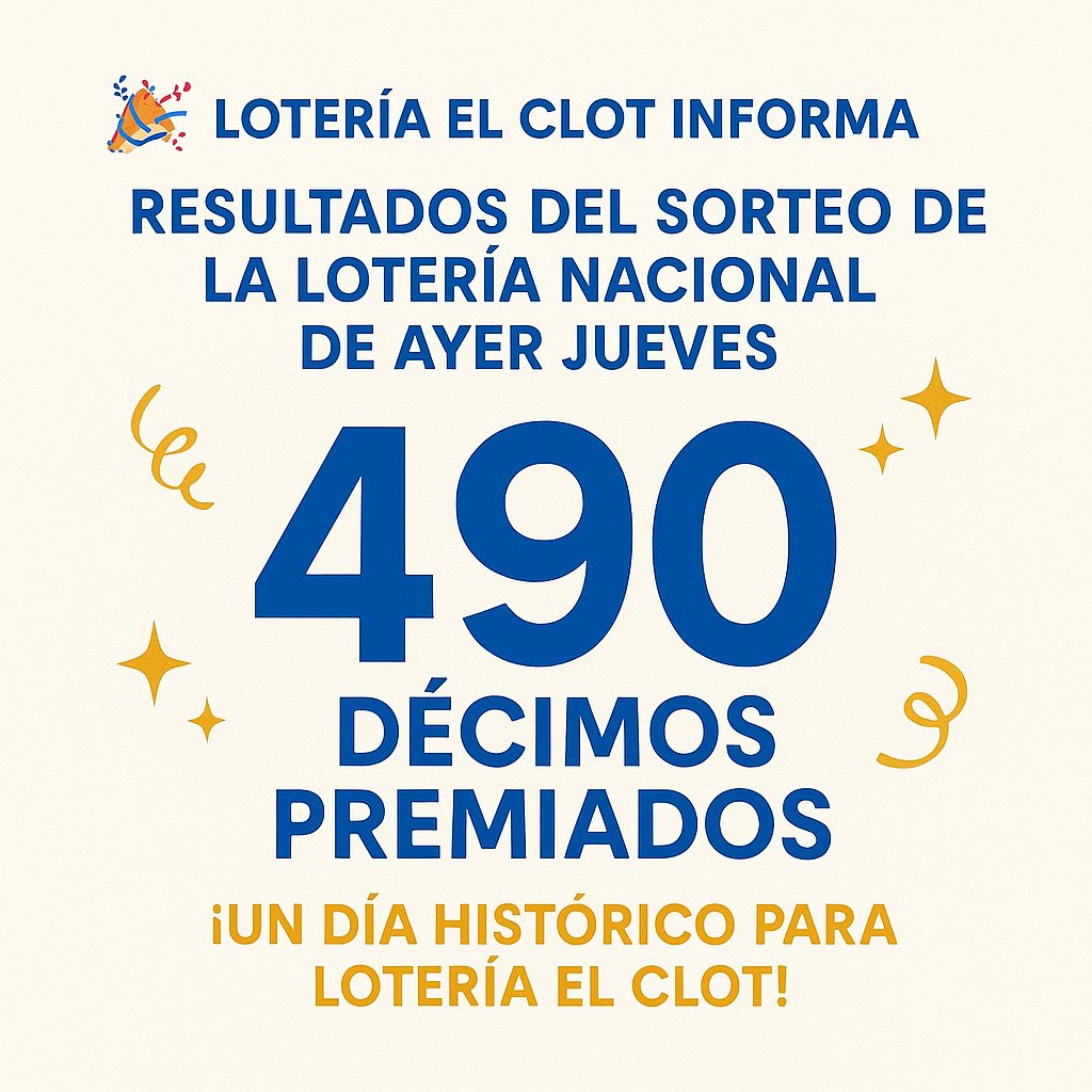 🎉 ¡490 décimos premiados en el sorteo del jueves! 
📍 C/Rogent, 37 – Barcelona
🌐 loteriaelclot.es
📱 En Tu Lotero búscanos como ElClot o 73Barcelona
🕒 Abrimos todos los días, incluidos fines de semana.
🎁 ¡Se acerca EL NIÑO! 🎁
¿Ya tienes tu número?