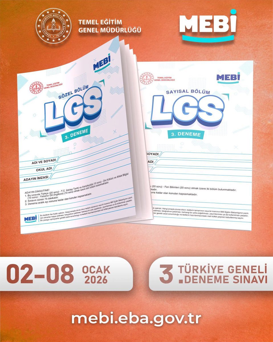 tekirdagmem's tweet photo. 📣 MEBİ Türkiye Geneli 3. Deneme Sınavı Yayımlandı!

Sevgili öğrenciler,
sınav yolculuğunuzda kendinizi denemeniz, eksiklerinizi görmeniz ve hedeflerinize bir adım daha yaklaşmanız için MEBİ Türkiye Geneli 3. Deneme Sınavı erişime açıldı.

Gerçek sınav deneyimine bir adım daha yaklaşmak, seviyenizi görmek ve çalışmalarınızı şekillendirmek için deneme sınavınızı mutlaka çözmeyi unutmayın.

Hepinize başarılar diliyoruz 🌟

@tcmeb @Yusuf__Tekin 
@drazizyeniyol @meb_mebi