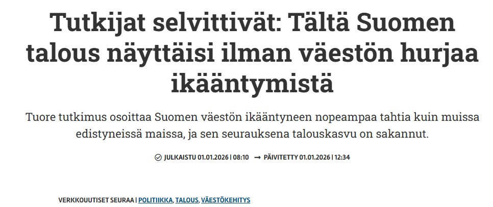 Mau_And's tweet photo. Julkaistiin tutkimusartikkeli @jonleh kanssa asiaan liittyen.

Suomen heikon talouskasvun yhtenä syynä väestön ikääntyminen.

Tavoittelun arvoinen asia, kansantaloudellisesti haastava juttu.

Keskustelu jatkukoon.

#ikääntyminen #kasvu https://t.co/eim4o4Vo3P