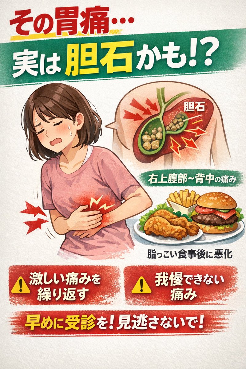 dai217S's tweet photo. 「胃が痛い」→実は胃じゃない
原因は「胆石」かも

食後や夜間に起こる胃痛と嘔気。胃カメラしても異常がないとき、胆石発作も考えて。
特に40才以上から多くなります。

繰り返す・我慢できない痛みなら早めに消化器内科の受診を。
#胆石　#胃痛 https://t.co/98gfFMS8Sk