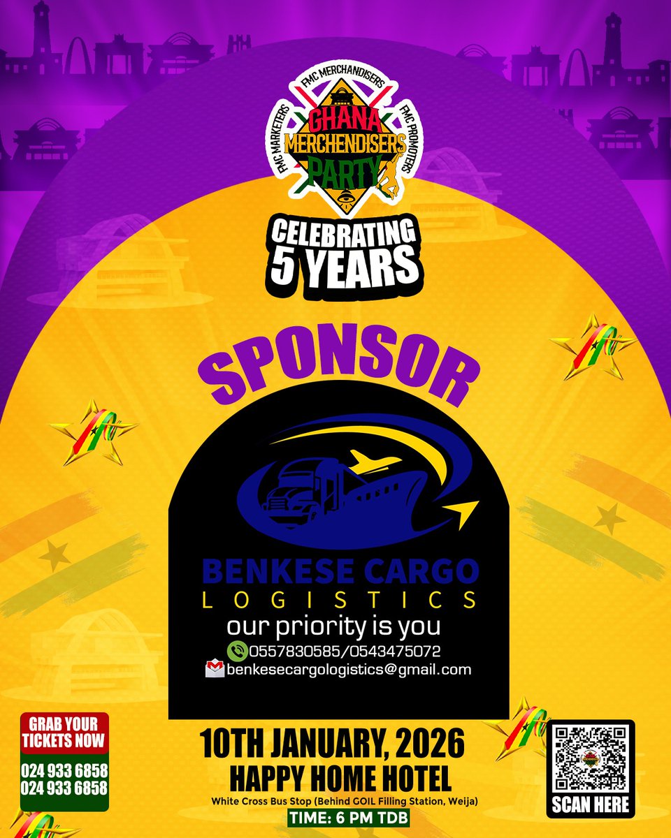 📡7 DAY to #GhanaMerchandisersParty 5th Anniversary🎙🔊 SATURDAY, 10TH JANUARY, 2026 at HAPPY HOME HOTEL (White Cross Bus Stop) 🇬🇭
Official Security Sponsor ➡️ BENKESE CARGO
None-stop fun activation &amp; Link Up🍻🔥🍾 GRAB YOUR TICKETS 🔊 0262135914

#GMPat5 #SentOneEntertainment