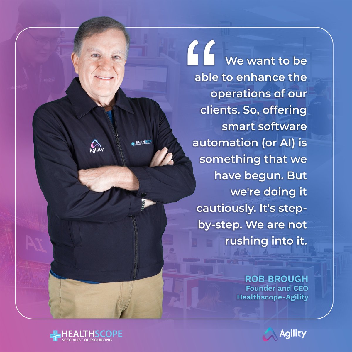 TeamHealthscope's tweet photo. Our founder &amp; CEO Robert Brough discussed what he thinks about AI and how it's disrupted the workplace. While Healthscope-Agility has introduced the AI +Human model for clients, he also cautions businesses on relying 100% on AI. Listen to the podcast here: https://t.co/Mb9RFe4l1M https://t.co/ADh1MOM8TM