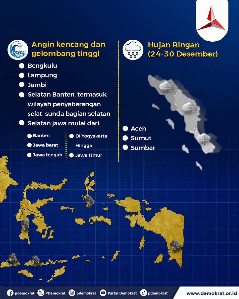 Curah hujan tinggi, angin kencang, serta gelombang laut tinggi berpotensi terjadi di sejumlah wilayah Indonesia, mulai dari Sumatera bagian selatan, Pulau Jawa, Bali, Nusa Tenggara, hingga sebagian Sulawesi Selatan, Maluku, dan Papua Selatan.

Masyarakat diimbau untuk