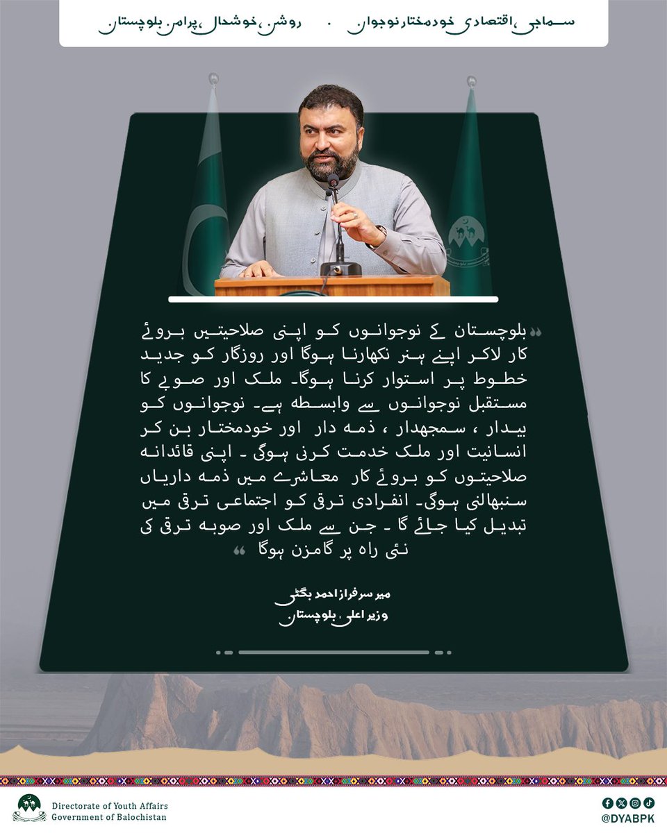 بلوچستان کے نوجوانوں کو اپنی صلاحیتیں بروئے کار لاکر اپنے ہنر نکھارنا ہوگا اور روزگار کو جدید خطوط پر استوار کرنا ہوگا۔ ملک اور صوبے کا مستقبل نوجوانوں سے وابسطہ ہے۔ نوجوانوں کو بیدار ، سمجھدار ، ذمہ دار  اور خودمختار بن کر انسانیت اور ملک خدمت کرنی ہوگی ۔ اپنی قائدانہ صلاحیتوں