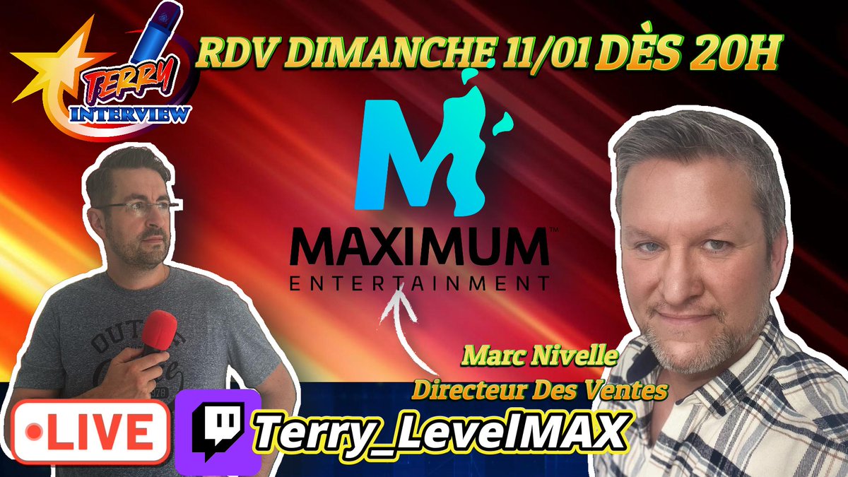 Terry_LevelMAX's tweet image. 📣ANNONCE !! RDV le 11/01 à 20H sur #twitch pour le #TerryInterview n°4 ou je reçois Marc Directeur des ventes de chez @MaxEnt_FR  On va retracer son parcours mais aussi s'intéresser à l'industrie du #JeuVideo et VOUS pourrez lui poser des questions 
twitch.tv/terry_levelmax