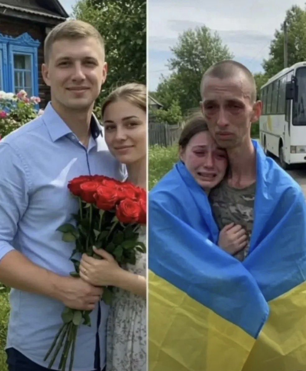 Demir's tweet image. Soldaki fotoğraf: Mutlu bir çift, geleceğe umutla bakan iki Ukraynalı genç.
Sağdaki fotoğraf: Aynı adam, 3 yıl Rus esaretinden esir takasıyla döndükten sonra.
Savaş kötüdür.  Savaşları silah üreticileri, kötü politikacılar, güç sahipleri çıkarır.
Bedelini sıradan insanlar öder.