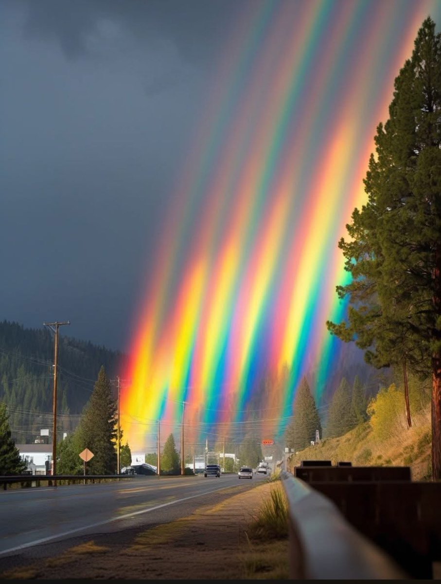 conciouscreator's tweet photo. “For a few minutes, the storm forgot the rules. 😲😍
Sunlight pierced heavy rain clouds at exactly the right angle, splitting light into its full spectrum and creating these intense rainbow columns. What looks surreal is actually physics working flawlessly — refraction, reflection, and timing aligning for a brief, perfect moment.

It’s rare, fleeting, and impossible to recreate — proof that even familiar storms can still surprise us.”
-Pann Sophak 
📍 Bend, Oregon, USA 🇺🇸