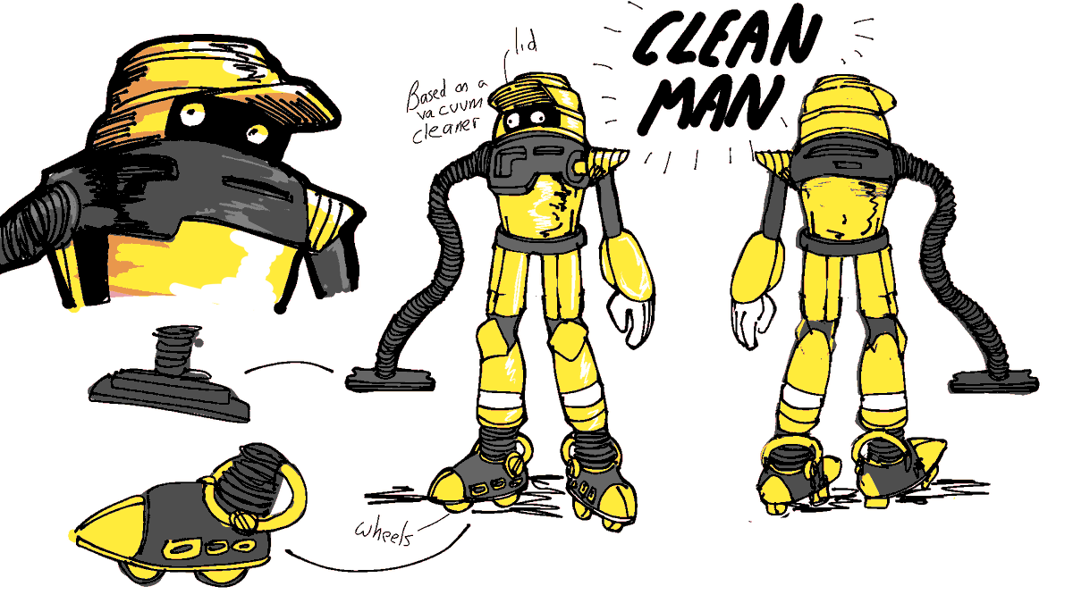 Robot Master Design
Clean Man

Its a robot that cleans the streets, based on a vacuum cleaner, and that's pretty much it, it has skates to mimic a vacuum cleaner wheels
Weak when thrown trash too heavy for it or when full

Pen name: corsair776

#MegaManDO #DesignARobotMaster