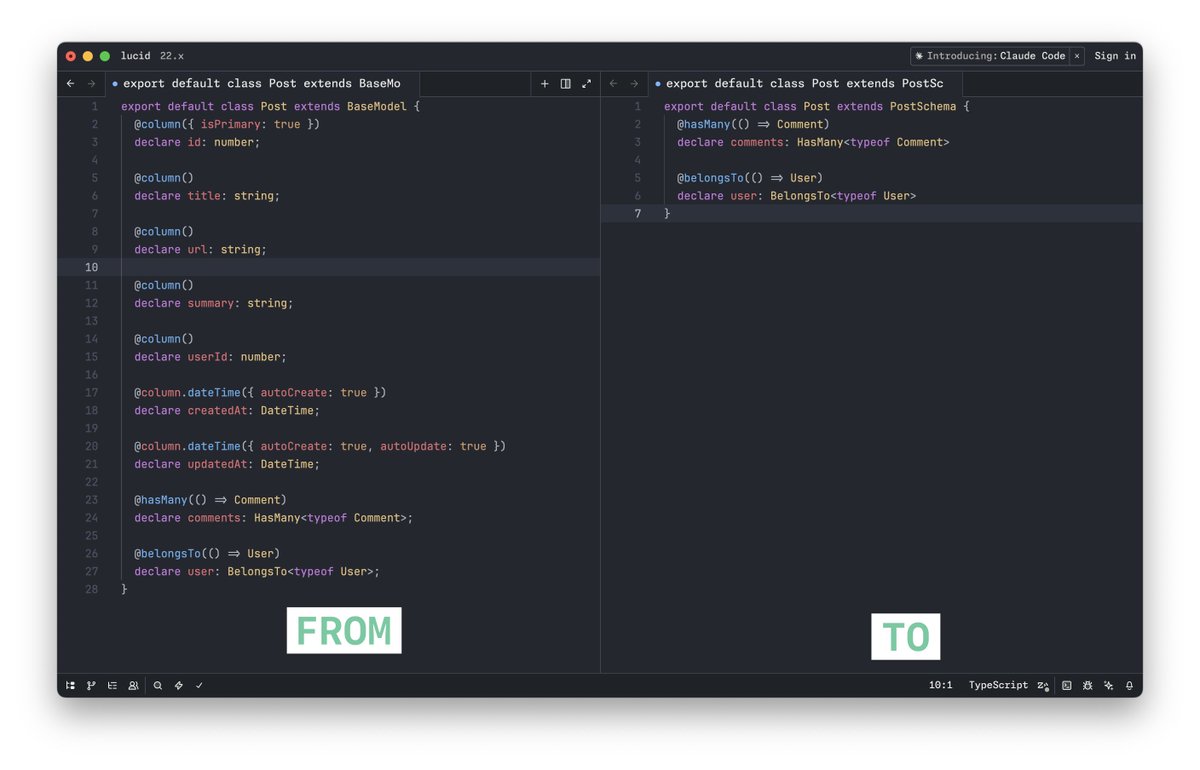AmanVirk1's tweet image. Here's the first gift of 2026 🎉

No need to define every single column on your models. Lucid uses codegen to generate schema classes that models can extend.