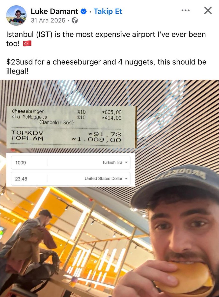 taghaberleri's tweet photo. Dünyaca ünlü Avustralyalı gezgin Luke Damant:

“İstanbul  Havalimanı şimdiye kadar gittiğim en pahalı havaalanı! 

Bir çizburger ve 4 nugget için 23 dolar, bu yasa dışı olmalı!” https://t.co/miUk7Ci032