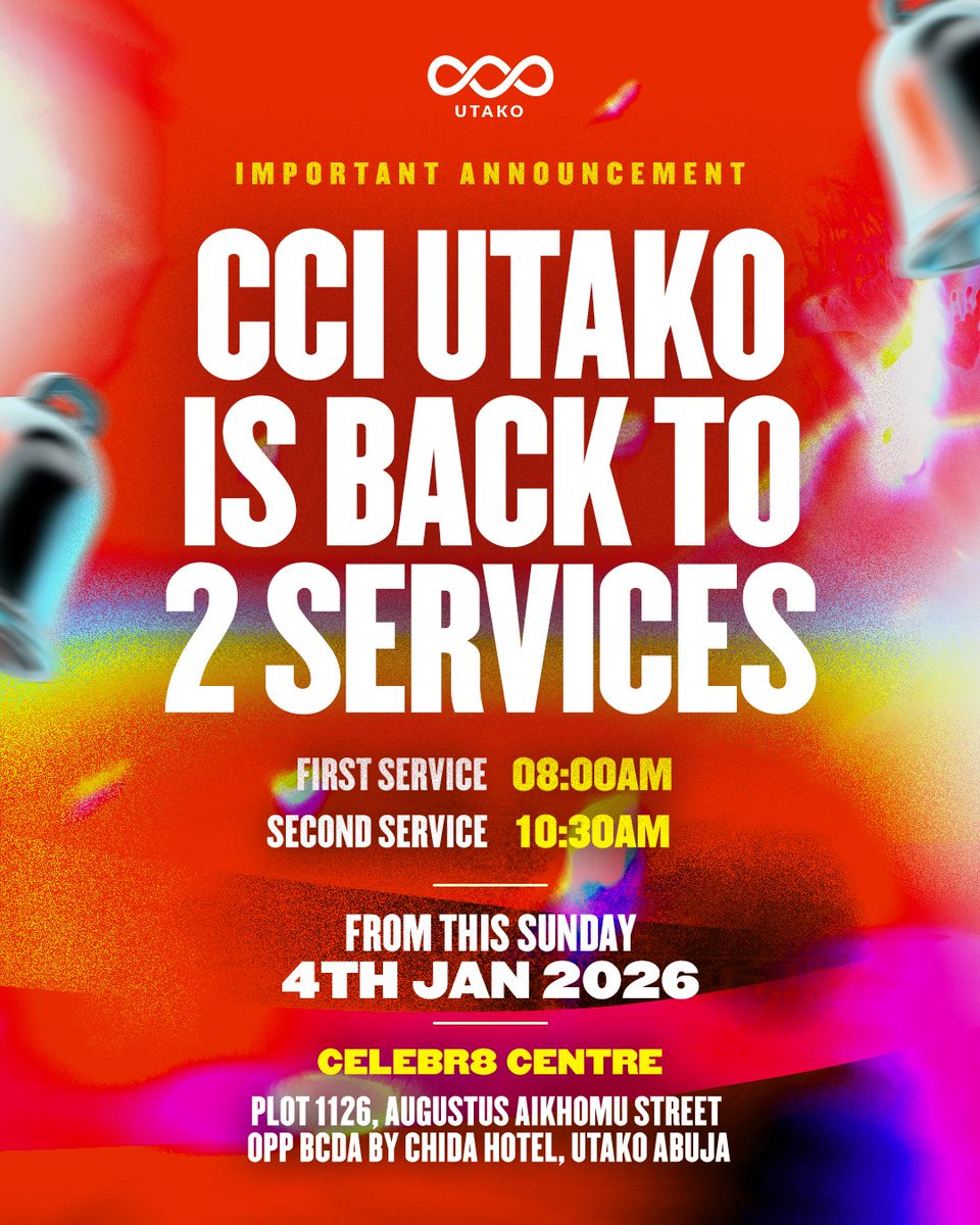 CCI_Abuja's tweet photo. 🚨 IMPORTANT ANNOUNCEMENT 🚨

Family, please take note 👇
We are back to our regular Sunday services!

Starting this Sunday, we will be having TWO SERVICES as usual.

🕘 Service Times: 8:00AM & 10:30AM
📍 Venue: Celebr8 Centre, Eden Parks & Gardens, Utako, Abuja

Prepare your hearts and be ready to experience all that God will do among us. 🙌

We look forward to worshipping with you in either service.

#CCIUtako #CCIAbuja #SundayService