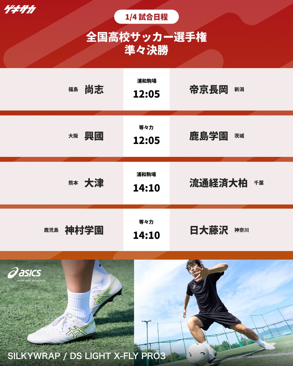 ／
【試合日程】
全国高校サッカー選手権🏆
📌準々決勝
📅1月4日(日)
＼

📝#第104回全国高校サッカー選手権 特集ページ
web.gekisaka.jp/pickup/detail/…

#PR #ゲキサカ #高校サッカー
#高校サッカー選手権 #全国高校サッカー選手権