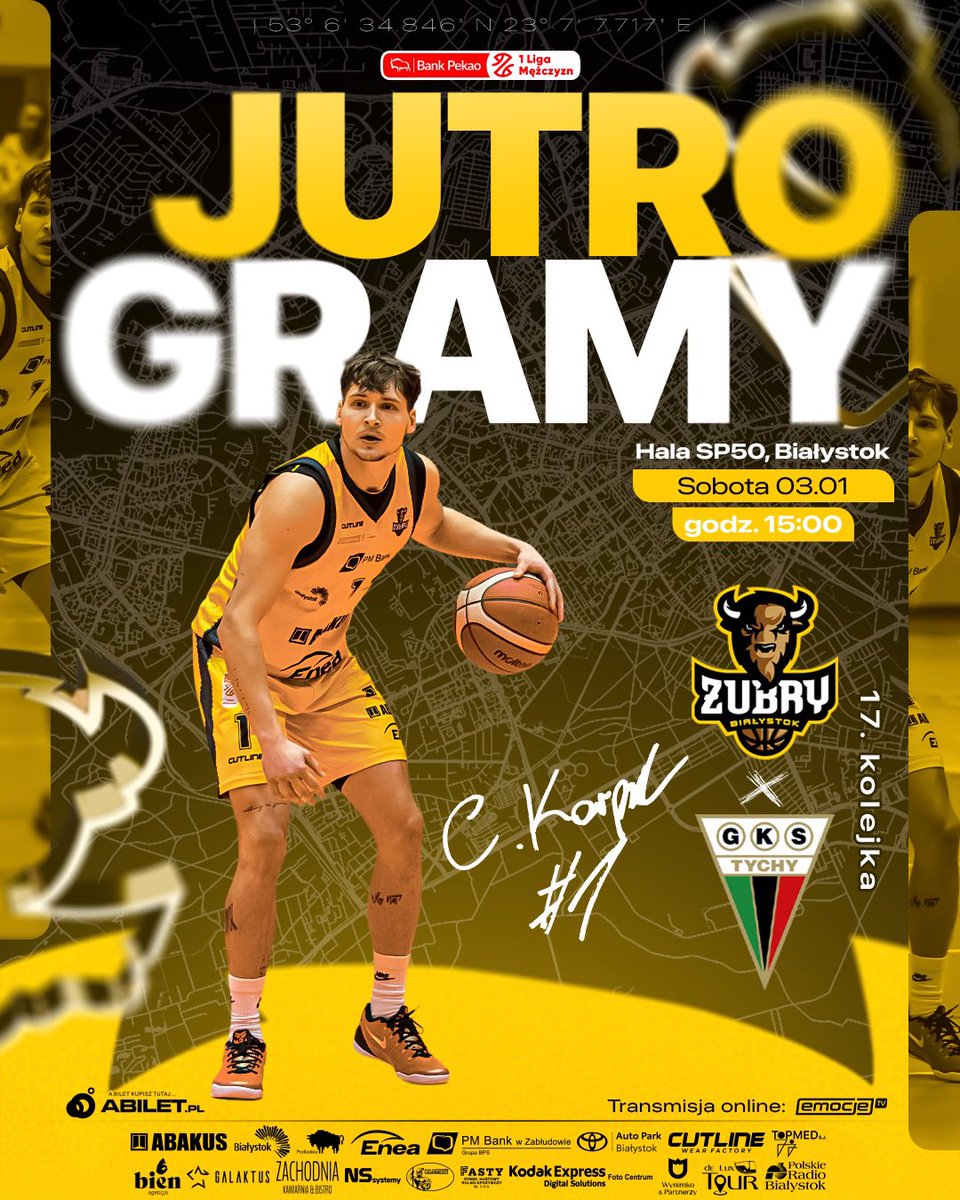 Jutro gramy! 🦬

Przed nami mecz 17. kolejki Pekao S.A. 1 Liga Mężczyzn, w którym na własnym parkiecie zmierzymy się z GKS Tychy. 🏀

🎟️ Bilety: zubry.abilet.pl
_
Partner tytularny: <a href="/WBialystok/">Miasto Białystok</a>

Partnerem tytularnym Żubrów Białystok jest 
<a href="/wojpodlaskie/">Województwo Podlaskie</a> 

#1lkosz #1lmkosz