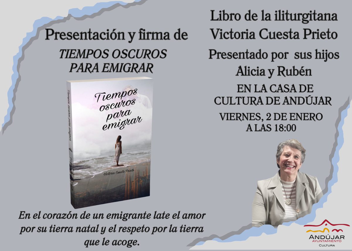 ✨OS ESPERO ESTA TARDE ✨😍
🤍A las 18h, en Andújar, en la Casa de Cultura.
Emocionada de presentar "Tiempos oscuros para emigrar" en mi querido pueblo y con mi gente 🤍😍
✨Mil gracias a todos los que han hecho posible la organización de esta presentación tan especial para mí🤍