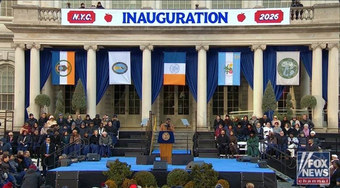 theisabelb's tweet image. Well, there ya have it—not a SINGLE American flag in sight at the inauguration for THE MAYOR OF NEW YORK CITY.

ZOHRAN Mamdani was sworn in on a Quran, promised to “replace rugged individualism with collectivism,” &amp;amp; appointed an al Qaeda defense attorney to the city’s top legal…
