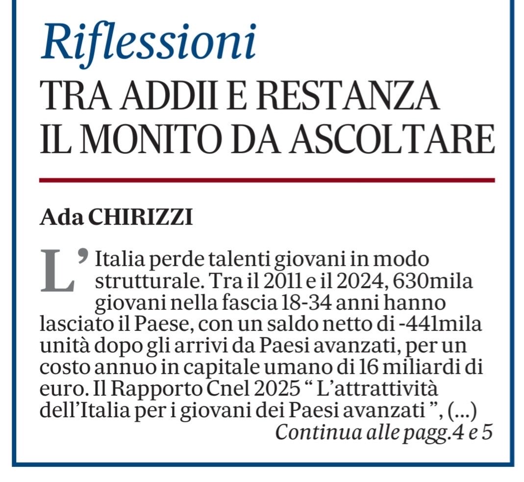 CislLecce's tweet photo. 02/01/2026 
Costruire nuove comunità e significati per favorire la #restanza dei nostri #giovani e una equilibrata simmetria dei flussi migratori. Intervento del SG @AdaChirizzi su @Quoti_Puglia. #rapporto #CNEL https://t.co/v16N3a98rB