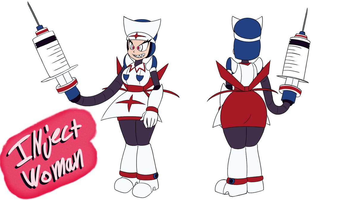 Robot Master Design: Inject Woman
"A robotic nurse whose specializes in vaccines. Her circuitry got corrupted from experimenting with other robot's fluids and mixed it with her own, hoping to find a  vaccine for the new Roboenza.
Pen name: Needie
#MegaManDO #DesignARobotMaster